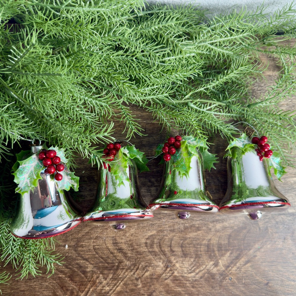 Eric Cortina EC Glass Bell Christmas Ornaments Set of 4 Silver Holly Berry Decor